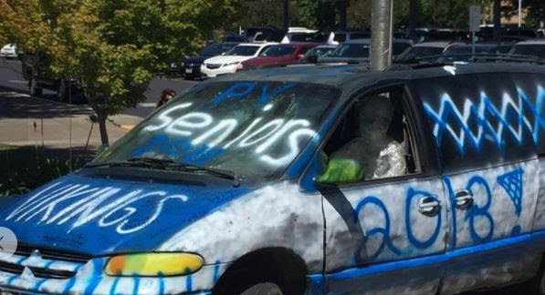 Seniors from the class of 2018  brought their own welding equipment from home and an old car to school. They welded the car together around the flag pole during the night. The seniors cleaned up after the prank and removed the car the next day.