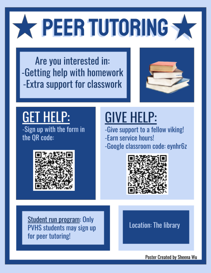 Peer Tutoring. Are you interested in getting help with homework or extra support for classwork? Get help: Sign up with the form in the QR code https://docs.google.com/forms/d/e/1FAIpQLScKMnkMxy-Sv8T1WjlKJdAuWfwCADHZLUTrNTRrU6SFgyLASw/viewform Give help: give support to a fellow viking and earn service hours. The Google Classroom code is eynhr6z. Scan the QR code. https://docs.google.com/forms/d/e/1FAIpQLSfe1e8yMX7chFX0wHIaPCaf3sOxjFPPTJiqyJvkRrYU4Bmnuw/viewform It's a student-ran program: Only PVHS students can sign up for peer tutoring. Located in the library. Poster created by Sheena Wu.